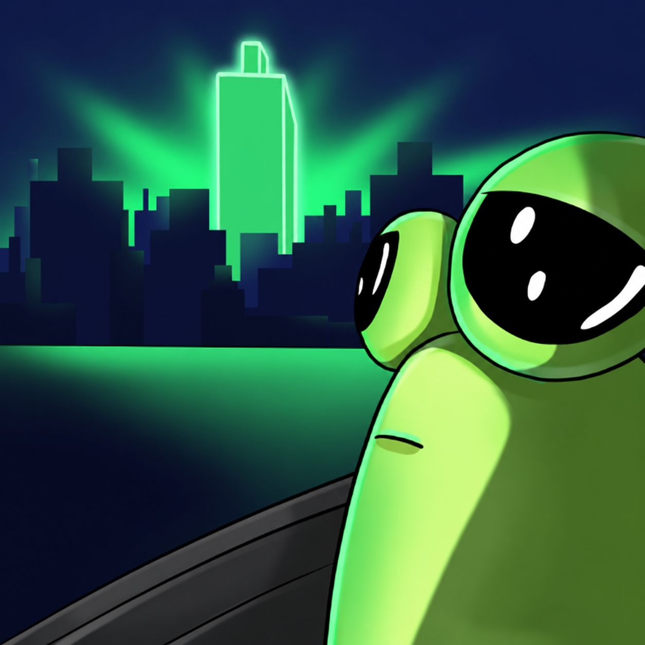 Green Pou overlooking a neon-green city skyline at night