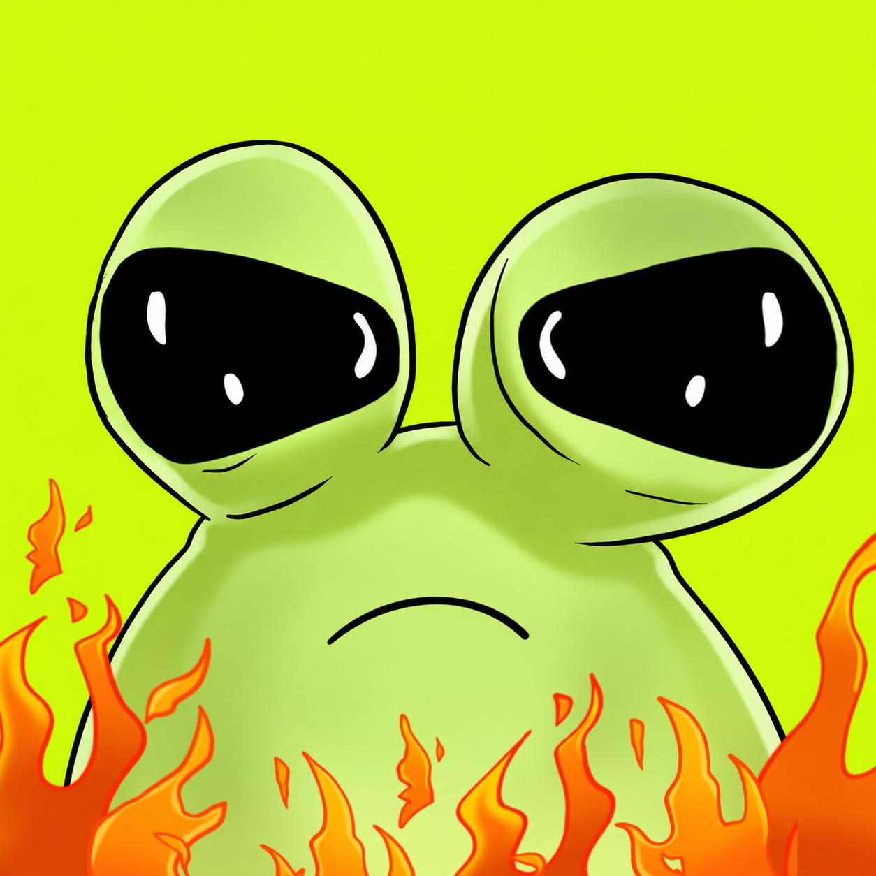Green Pou surrounded by flames