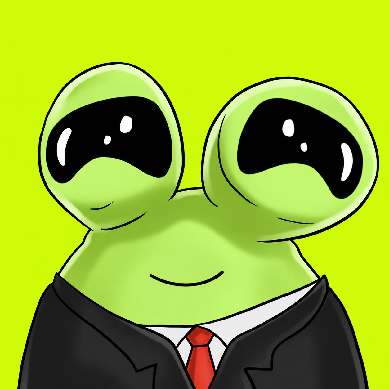 Smiling green Pou in a suit and red tie