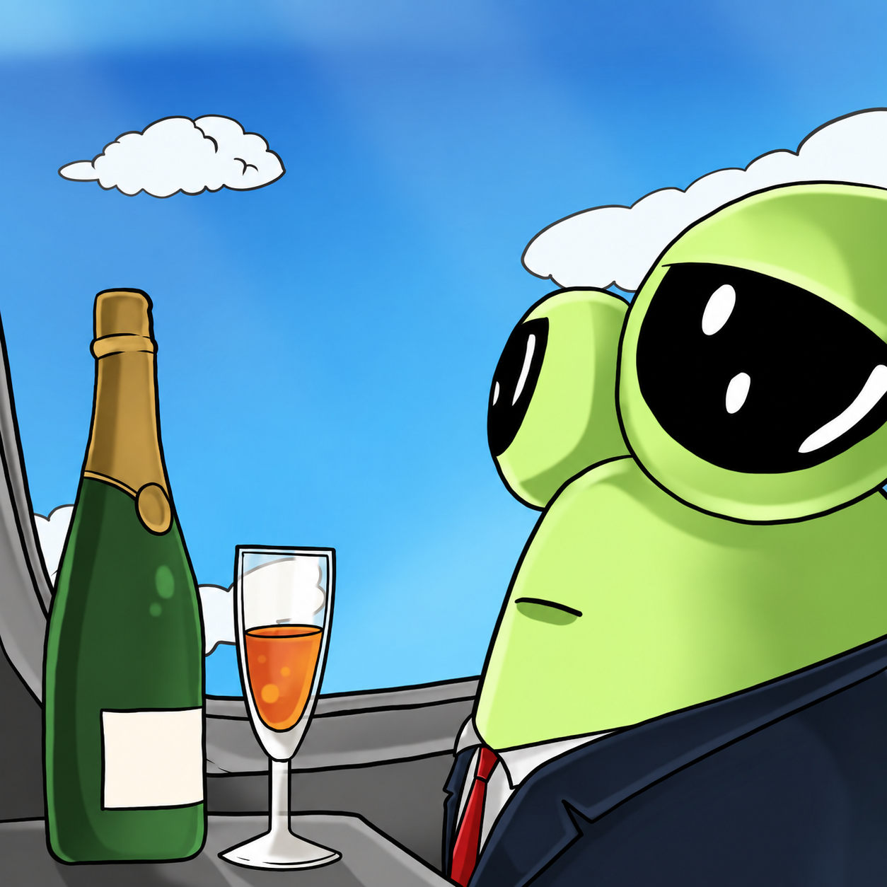 Green Pou in a suit enjoying champagne beside an airplane window