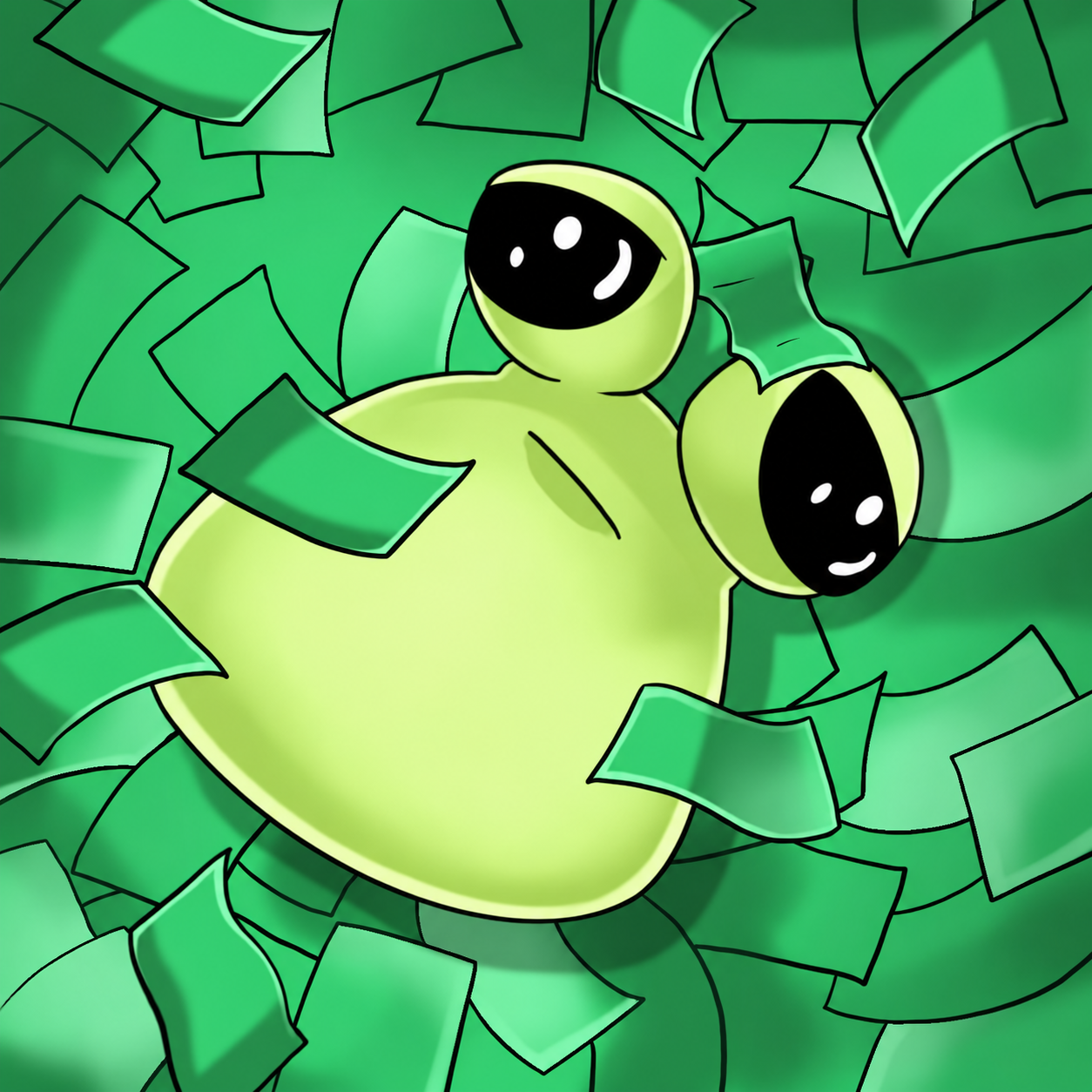 Green Pou lying in a pile of money