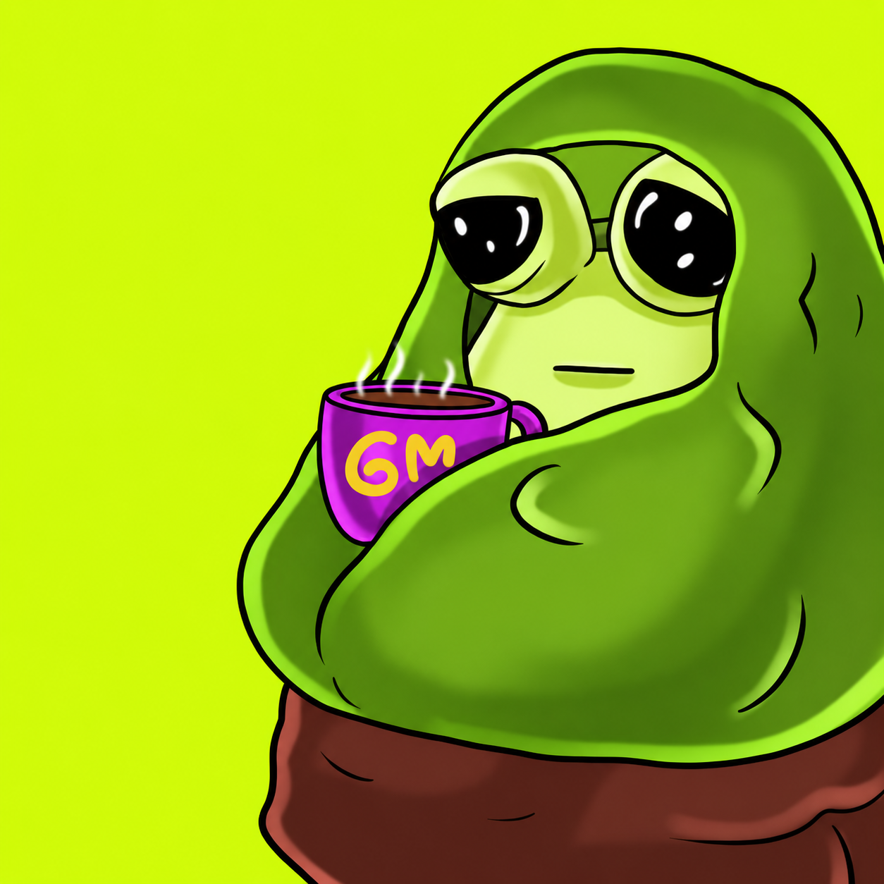 Green Pou wrapped in a blanket holding a steaming GM mug