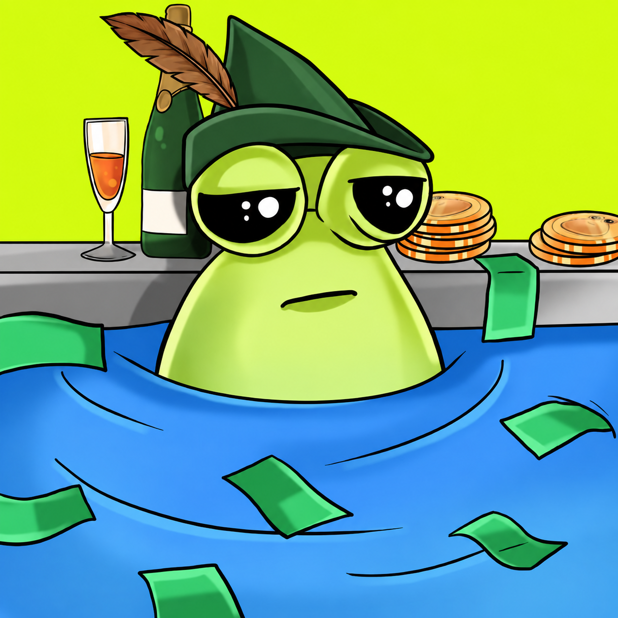 Green Robin Hood Pou relaxing in a pool with money and champagne