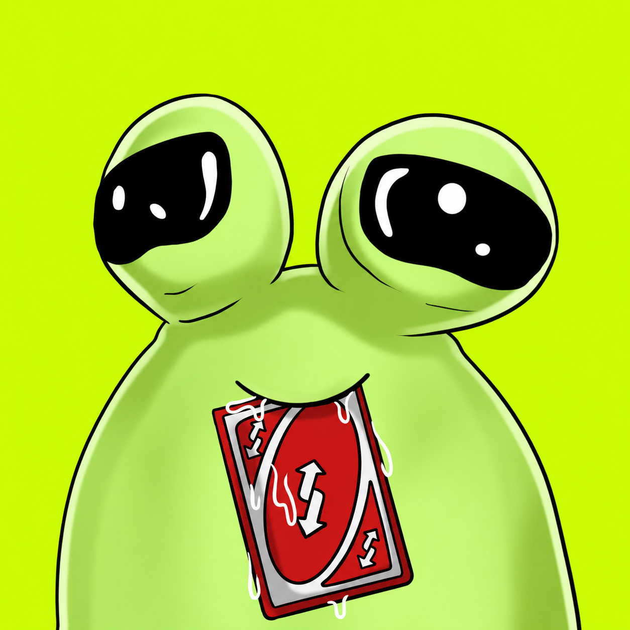Green Pou holding a red reverse card in its mouth