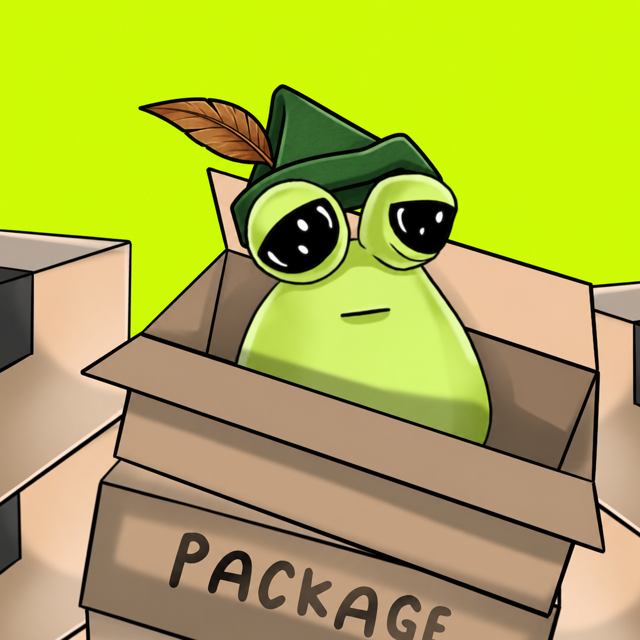 Green Pou wearing a feathered hat in a package box