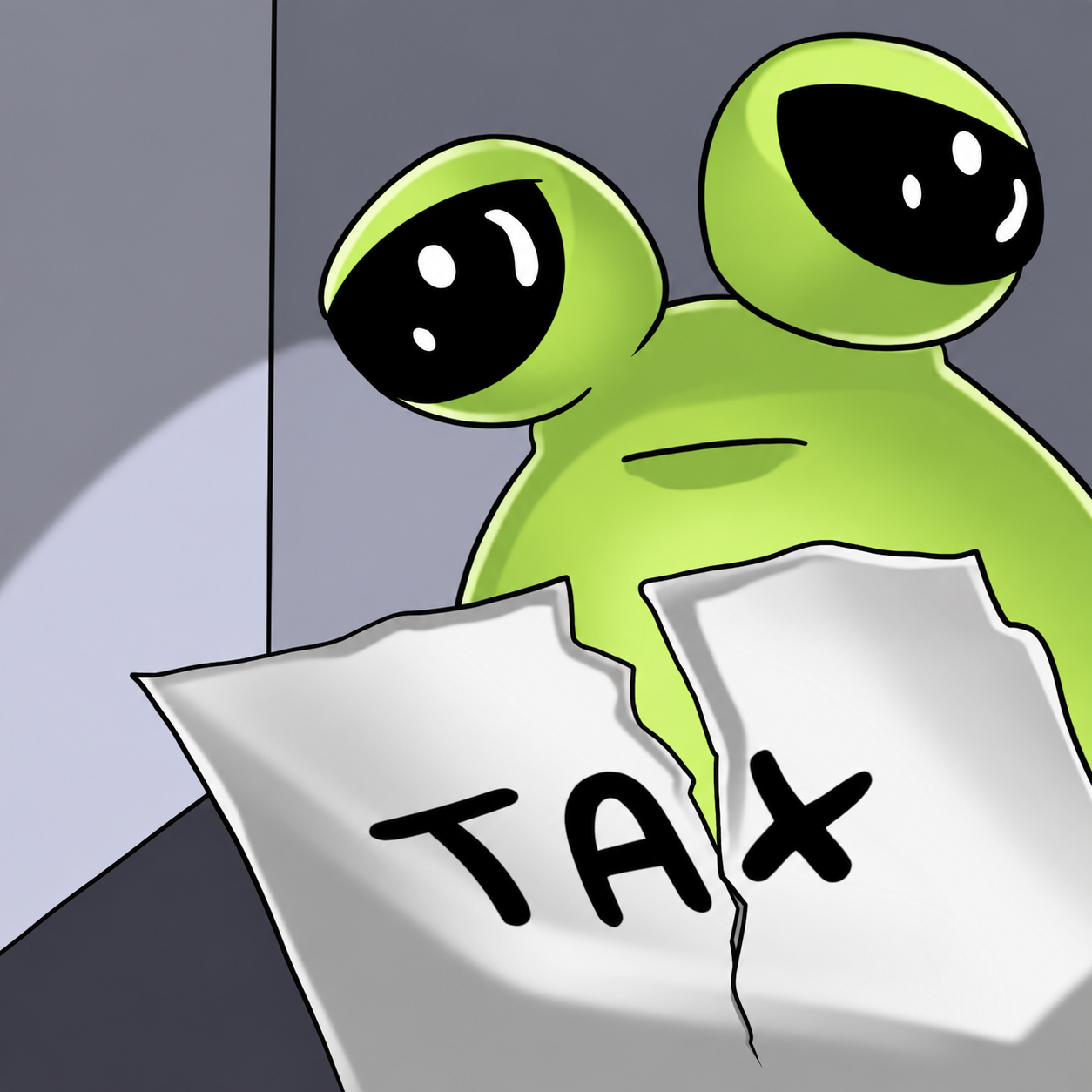 Green Pou with a torn tax bill