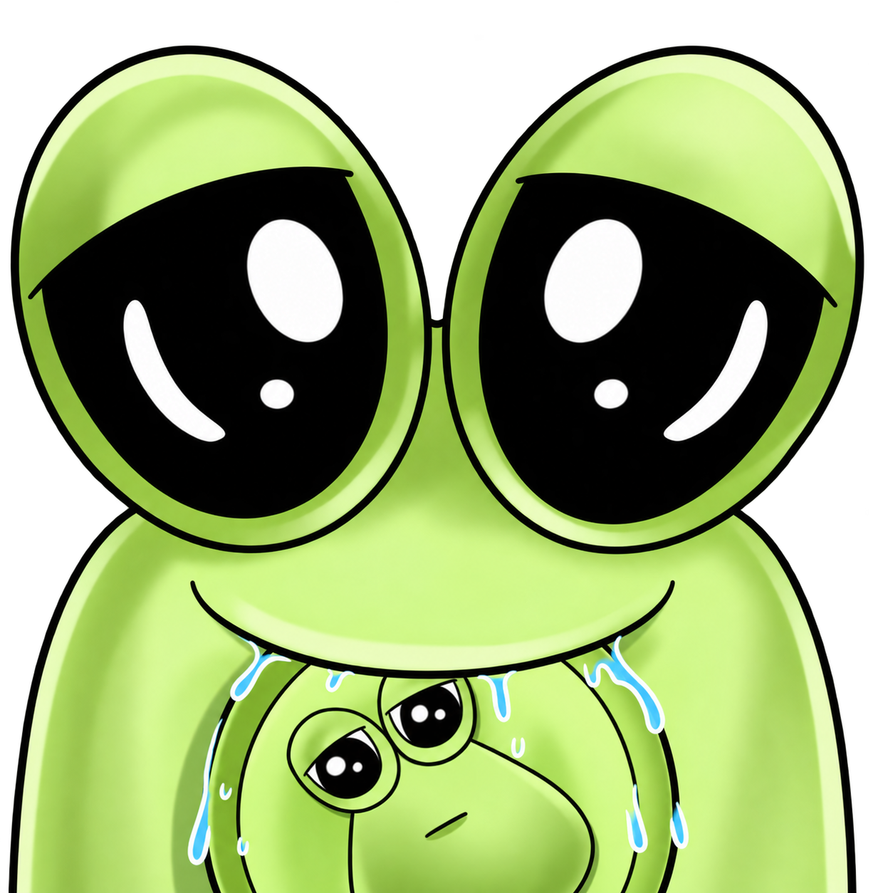 Big smiling green Pou holding a tiny Pou in its mouth