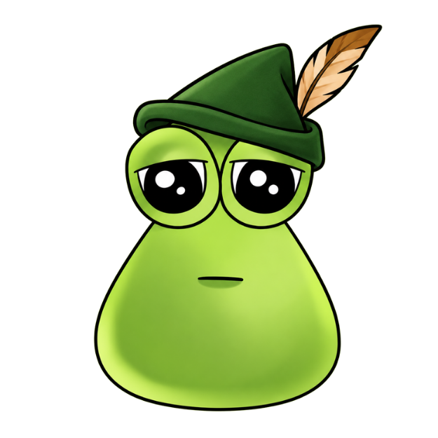 Green Pou wearing a feathered forest-green hat